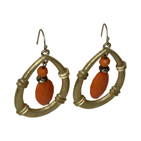 Gold-Tone Coral Orange Large Teardrop Dangle Earrings Statement - Picture 6 of 9